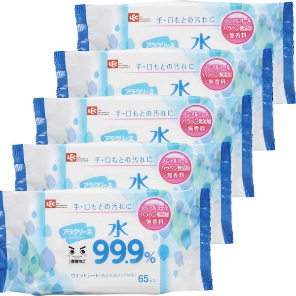 LEC Alacrine, 99.9% Pure Water, Wet Sheet, 65 Sheets x 5 Pieces, Geko-kun, For Hand and Mouth Stains, Made in Japan, Non-Alcohol, Paraben Free, Fragrance Free