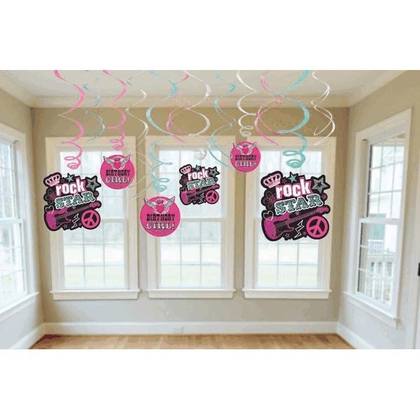 Rocker Girl / Princess Hanging Swirl Party Decoration with Cutouts, 12 in pack