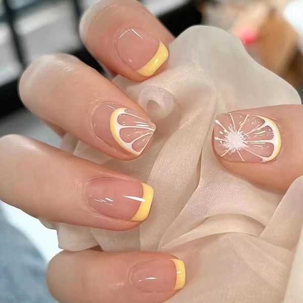 French Tip Press on Nails Short Square Yellow Lemon Fake Nails Glue on Nails Nude Coffin Nails with Designs Full Cover Artificial Acrylic Nails Glossy Reusable Cute False Nails for Women Girls 24Pcs