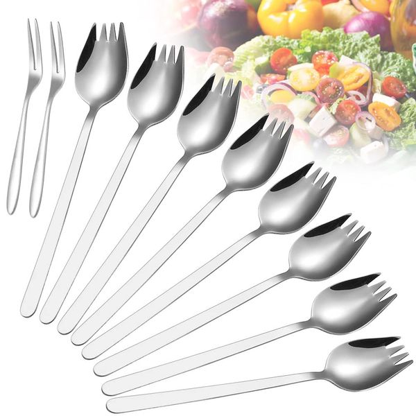 FIGFYOU 8 Pcs Sporks, Stainless Steel Sporks 7.4 Inch Buffet Forks Creative Spoon Fork in one Salad Spoon Long Handle Dessert Spoons Pasta Forks Flatware Set with 2 Salad Spork for Home or Camping