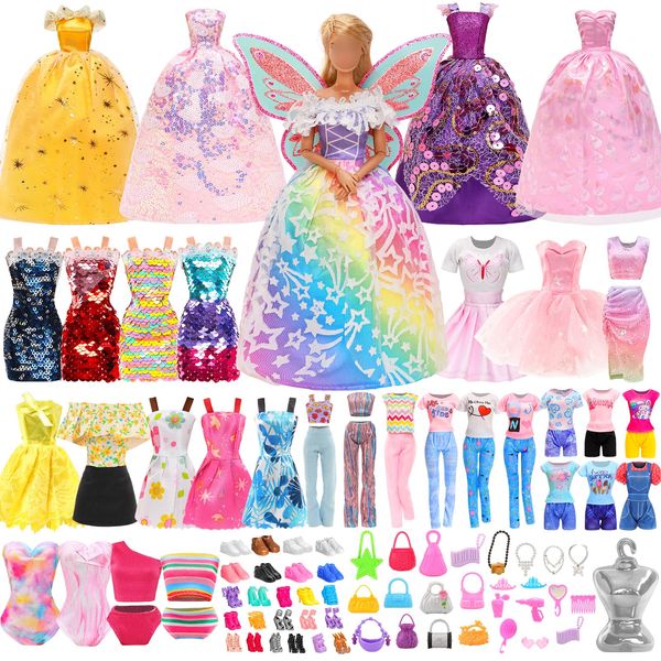 Miunana 95 PCS Doll Clothes and Accessories Dress Wedding Gowns Fashion Dresses Sequin Dress Tops and Pants Swimsuits 15 Shoes Various Styles Bags 40 Hangers Paired with Detachable Butterfly Wings