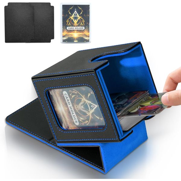 Jaffzora Card Deck Box for MTG Commander, Magnetic Card Display Case,TCG Card Storage Box, Holds 100 Double-Sleeved Cards, Black&Blue