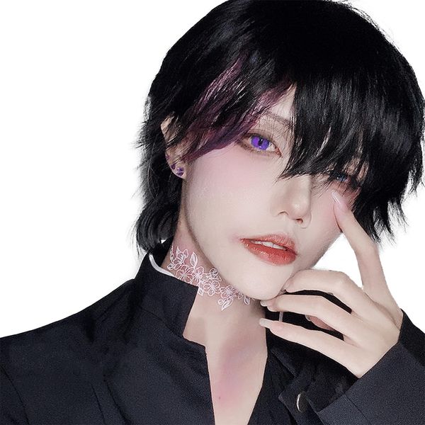 FESHFEN Men's Short Full Wig, Inner Color, Wig, Men's Clothing, Wig, Men's Gradient, Harajuku, Handsome, Fashion, Fluffy, Unisex, Natural, Small Face, Heat Resistant, Net/Comb Included, Black & Purple