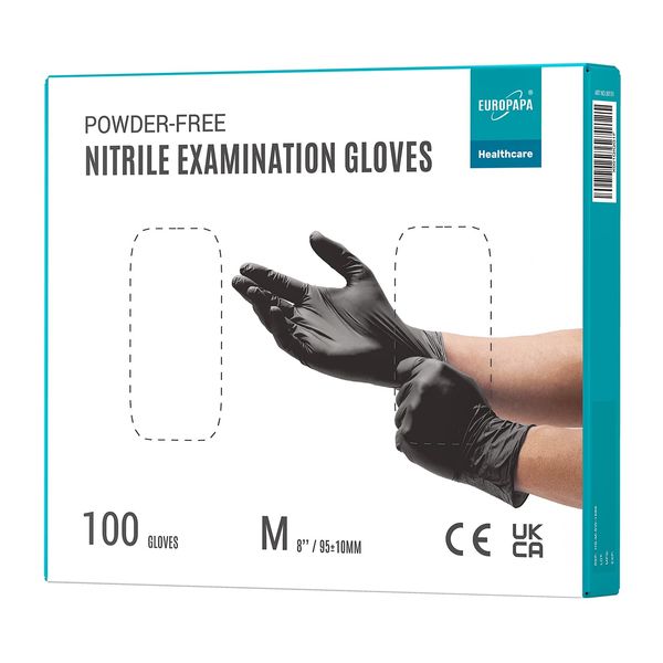 EUROPAPA 100x Nitrilhandschuhe Box Einweghandschuhe, Einmalhandschuhe, Untersuchungshandschuhe, Nitril Handschuhe, puderfrei, ohne Latex, unsteril, latexfrei, disposible gloves (M, Schwarz)