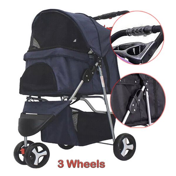 3 Wheels Foldable Pet Strollers Portable Travel Carrier w/Cup Holder Navy Blue