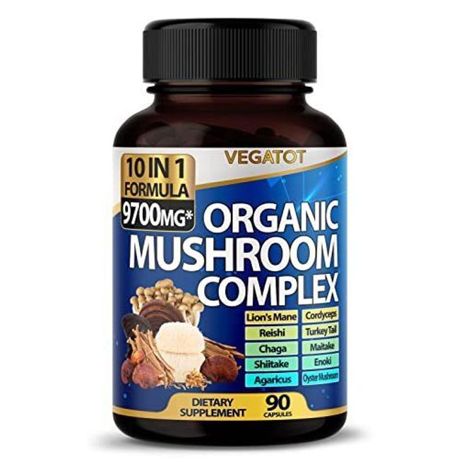 Organic Mushroom Complex 9700mg Per Pill. 90 Caps, 10 Herbs Lions Mane Reishi