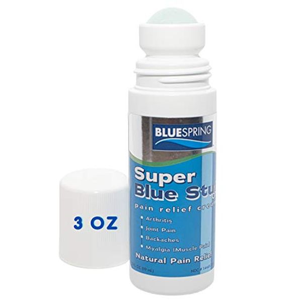 Super Blue Stuff Natural Pain Relief roll on with Emu Oil by BlueSpring- Pain relief rub Anti Inflammatory Analgesic Cream for Back, Knee, Joint, Muscle, Arthritis, and neck Pain Relief- 3 Oz roll-on.