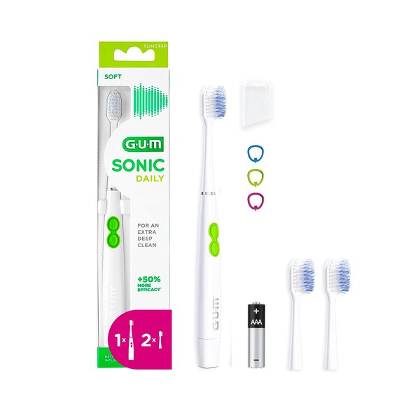 GUM Sonic Daily Battery-Operated Electric Sonic Toothbrush | Especially Suitable for On the Go | For Gentle and Thorough Cleaning | 1 x Toothbrush, 2 x Replacement Brush Heads, 1 x Battery White