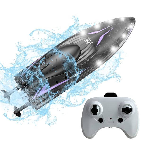 OBEST Remote Control Boat, 2.4 GHz RC Boat Submarine Water Toy with LED Lights, 20+ mph Racing Boats, Speedboat Water Toy Gifts Birthday Gift for Outdoor Pool Lake Pond Gift for Children(Black)