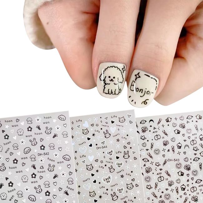 3D Nail Stickers Graffiti Nail Stickers Colorful Set of 3 Cute Women Beginners Rabbit Cat Puppy Stickers