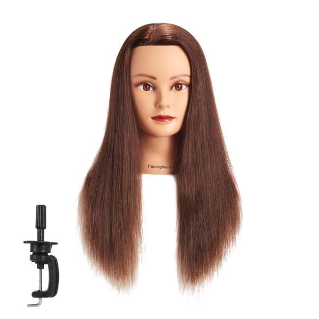 20-22" 100% Human hair Mannequin head Training Head Cosmetology Manikin Head Doll Head with free Clamp (dark brown)