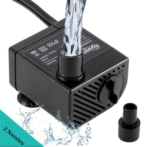 hygger Ultra Quiet 53GPH (200L/H, 3W) Submersible Mini Water Pump Comes with 2 Nozzles, for Aquariums, Fish Tank, Fountain, Hydroponics, Max Lift Height 1.7ft ,120V/60HZ, Power Cord 6ft