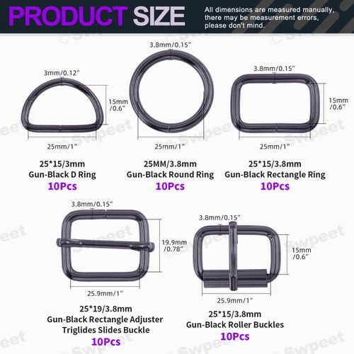 Swpeet 50Pcs 5 Style Approx 1 Inch Black Belt Buckle Metal Buckles Assortment Kit, Include Metal Roller Buckles, Metal Adjustable Slide Buckles, D Ring, Circular Ring, Square Ring for Purse Bag