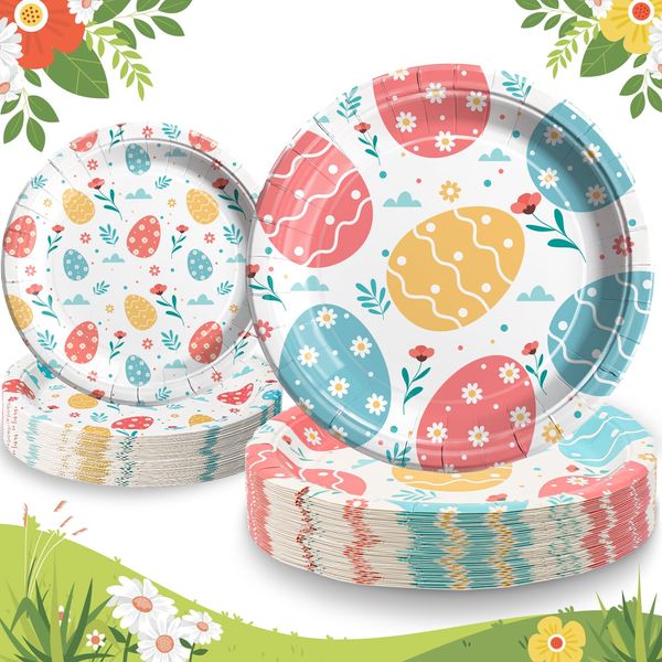 Duocute Happy Easter Party Paper Plates 40 Counts, 23cm(9inch) and 18cm(7inch) Easter Colorful Eggs Disposable Paper Dishes Dinner Dessert Paper Plates for Kids Holiday Party-20 Guests