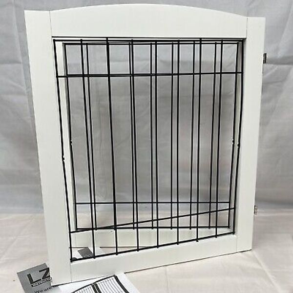 LZRS Dog Gate Indoor Wood Freestanding Pet Foldable Wooden White **DAMAGED**