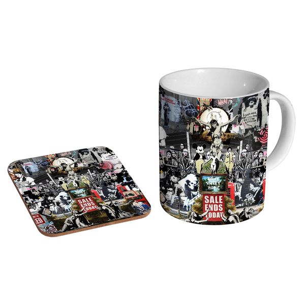 Banksy Art Collage Ceramic Coffee MUG + Coaster Gift Set