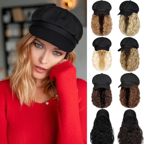 Qlenkay Newsboy Cap with Bob Hair Extensions Black Hat Wig 8 Panel Visor Beret Attached Synthetic 14'' Short Curly Wavy Hairpiece for Woman Natural Black