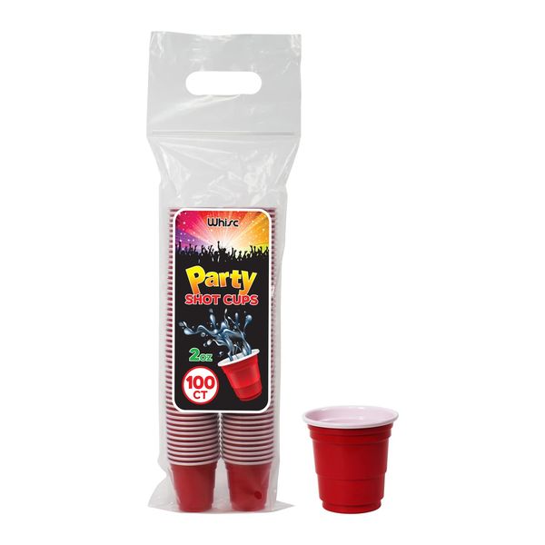 WHISC Disposable Shot Glasses [Pack of 100] - 2oz Red Plastic Shot Cups- Jello Shot Cups/Party Shot Glasses For Birthdays, Graduations, Bachelorette, BBQs & More- Mini Tasting Cups/Sample Cups