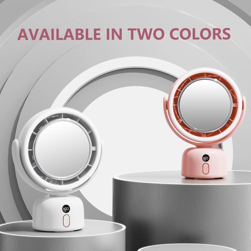 Sunytee 6000mah Rechargeable table Fan, Portable Fan with LED Makeup Mirror 5-Speed Quiet Cooling Fan|3 Level Dimming led vanity mirror with light fan | USB-Powered For Home/Office/Kitchen (White)