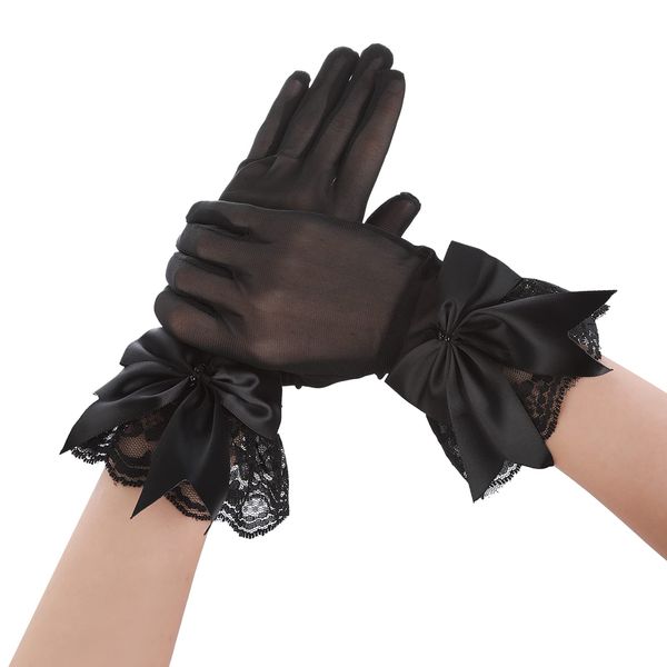 Women Wedding Party Bow Lace Elegant with Ruffle Bridal Wedding Gloves Ladies Short Tea Party Gloves Wrist Banquet Gloves Dancing Gloves Summer Dancing Gloves (Black)