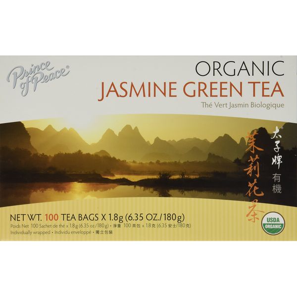 Prince of Peace Organic Jasmine Green Tea, 100 Tea Bags – 100% Organic Green Tea – Unsweetened Green Tea – Lower Caffeine Alternative to Coffee – Herbal Health Benefits