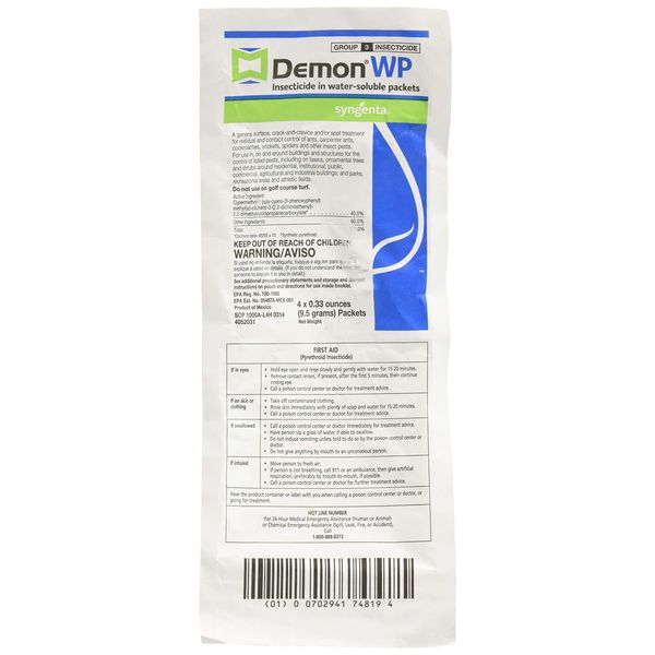 Demon WP Insecticide 2 Envelopes Containing 4 Water-Soluble 9.5 Gram Packets Makes 4 Gallons Cypermethrin 40%