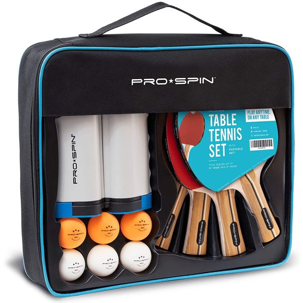 PRO-Spin Portable Table Tennis Rackets Set | Quality Kit with Ping Pong Net for Any Table, High Performance Table Tennis Rackets, 3-Star Balls (Portable 4 Players)