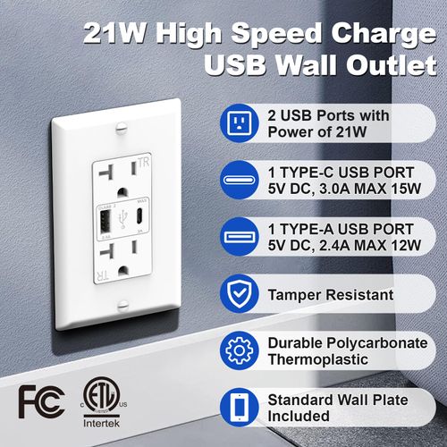 ThunderWay USB C Wall Outlet, 20 Amp Electrical Outlets with Type A & Type C USB Ports, Tamper Resistant Receptacle, 21W Charging Power, Wall Plate Included, ETL Listed, White, 6 Pack
