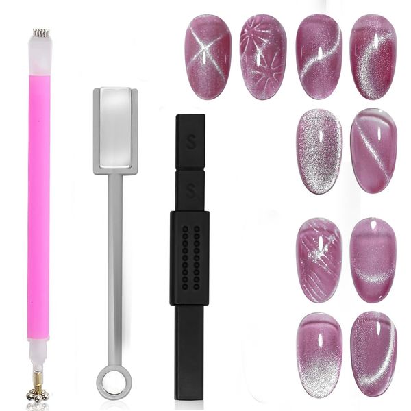 MAYCHAO 3Pcs Cat Eye Magnet Tool Set, Double-head Flower Design Nail Magnet Pens Magnet Stick 3D Magnet Wand Strong Suction Board Nail Manicure Tool Set for Salon DIY Home