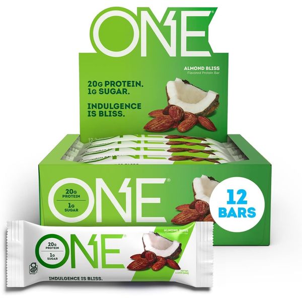 ONE Protein Bars, Almond Bliss, Gluten Free Protein Bars with 20g Protein and only 1g Sugar, Guilt-Free Snacking for High Protein Diets, 2.12 oz (12 Pack)