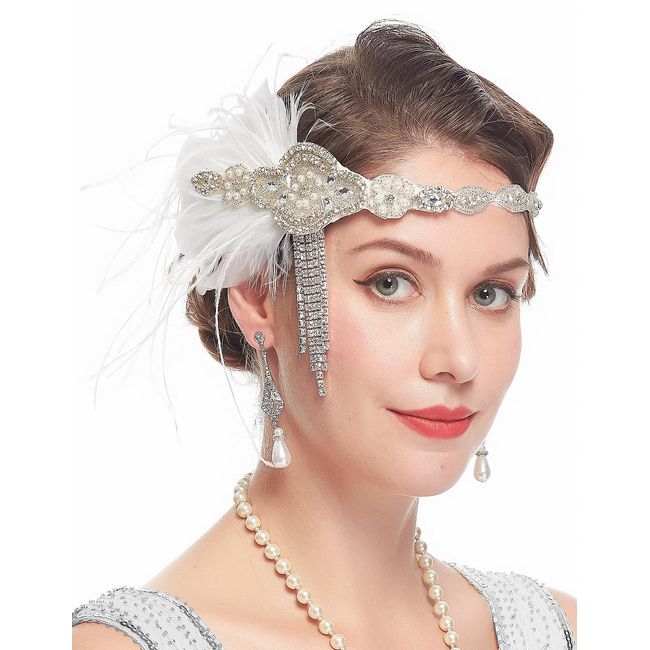 Cizoe 1920s Headpiece Flapper Headband Roaring 20s Great Gatsby Feather Hair Accessories for Women,White