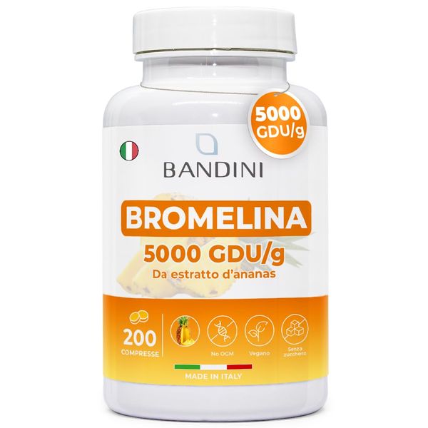 Bandini® Bromelain High Strength Draining 5000 GDU/g per Serving | 200 Gastro-Resistant Tablets | Digestive Enzyme | Pure Pineapple Extract for Inflammation, Swelling & Digestion | No Additives, Vegan