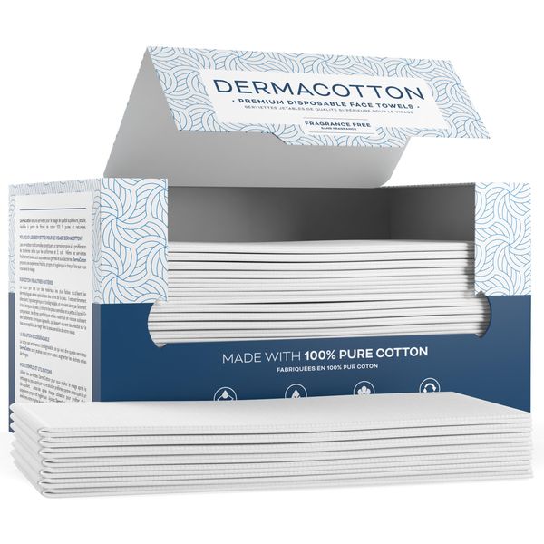 Dermacotton Value Pack [80 Disposable Cotton Towels], 10x8 inches, 100% Biodegradable Face Towels – Super Soft Face Wipes, Hypoallergenic Makeup Remover Wipes. Sensitive Skin, Facial Cloths