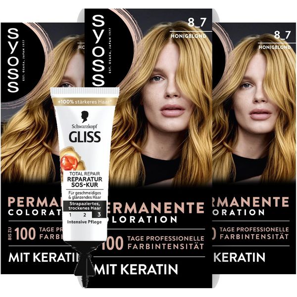 SYOSS Coloration 8_7 Honigblond (3x 115 ml), permanente Coloration mit Keratin verleiht bis zu 100 Tage professionelle Farbintensität & SOS-Intensiv-Kur Total Repair (15 ml), Haarkur mit Keratin