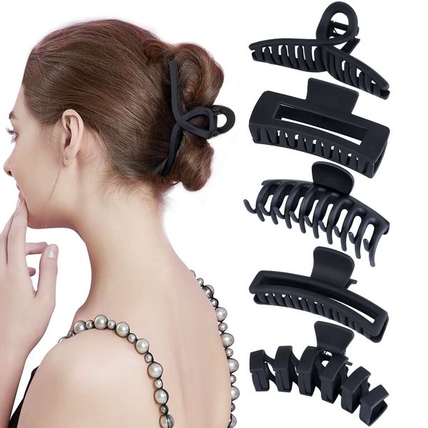 Kavya 5 Pcs Haarklammer Groß Dickes Haar, Rutschfest Haarklammern Schwarz Matt Haarspangen Damen, Hair Clip Set Grosse Haarklammer Lange Haare für Damen und Mädchenr Groß Dickes Haar