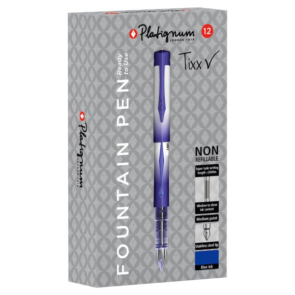 Platignum Tixx Blue Fountain Pen [Pack of 12] 2000 Metre Writing Length [Ref: 50459]