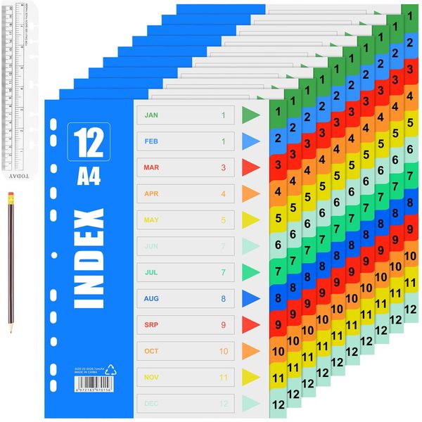 1-12 Part Dividers A4, 10 Pack Plastic A4 File Dividers for Ring Binders, A4 Wide Colour Tabs Multipurpose Porous Index Dividers A4 File Dividers Ring Binder Dividers for Lever Arch Files