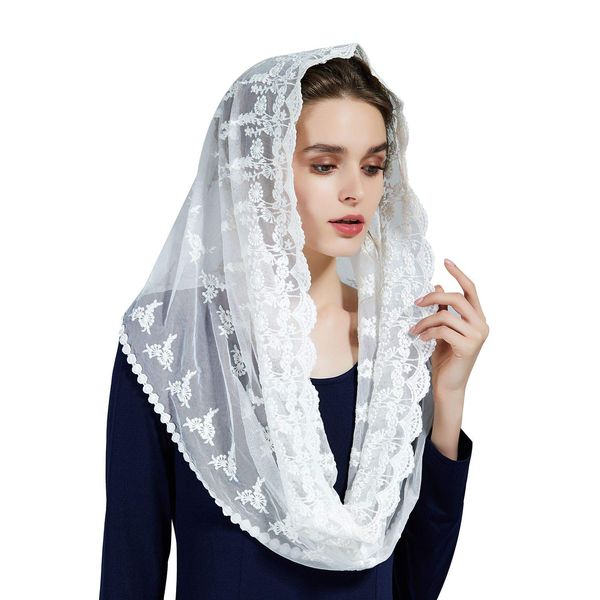 BEAUTELICATE Women Lace Mantilla Catholic Church Chapel Veil Infinity Formal Head Cover Scarf For Latin Mass Communion Off-White