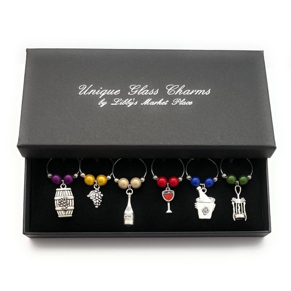 Set of 6 Handmade Wine Lovers Wine Glass Charms with Gift Box