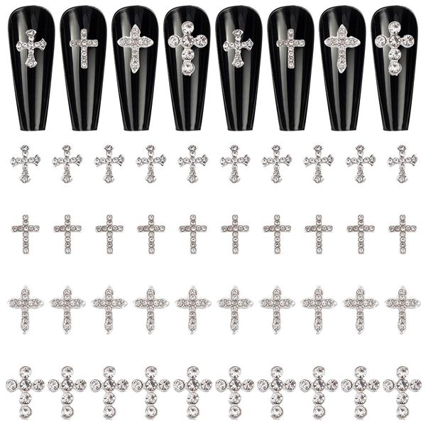 CRASPIRE 40pcs Cross Nail Charms 4 Style Rhinestone Cross Nail Charms 3D Luxury Cross Charms Flat Back Diamond Crystal Rhinestones Nail Art Charms Nail Gems for DIY Nails Art Jewelry Decoration