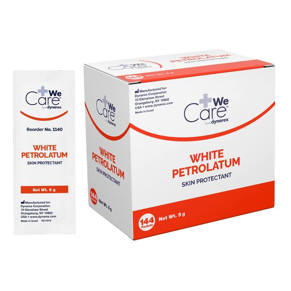 Dynarex White Petrolatum, Petroleum Jelly Ointment to Help Prevent and Treat Skin Irritation, Diaper Rash and Dryness, White, 144 Individual 5 Gram Foil Packs, Dynarex White Petrolatum