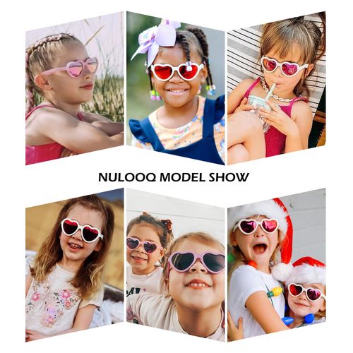NULOOQ Kids Heart Sunglasses for Girls – Cute Polarized Flexible Frame Toddler Sunglasses with Strap Age 2-8 (White/Purple Mirrored + Pink/Pink Mirrored + Red/Red Mirrored) - 3 Pack