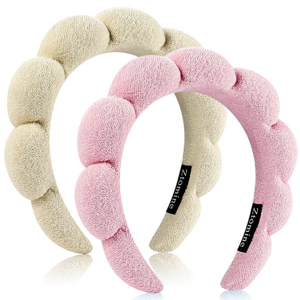 Ztomine Spa Headbands for Washing Face or Facial, Set of 2 Skincare Headbands, Terry Cloth Headband Face Wash Headband Combo Pack - Puffy Makeup Headbands for Face Washing, Mask(beige + pink)