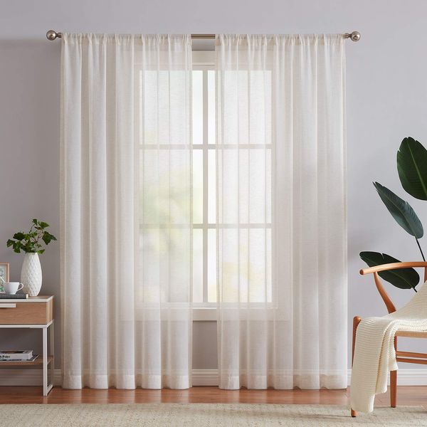 FMFUNCTEX Linen Flax Sheer Curtain Panels 96"-Long Living Room Retro Window Draperies for Bedroom Rod Pocket Sheers 52" Wide x 2 Pack, Natural