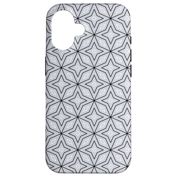 iPhone 16 Light Gray White Black Stars Triangles Hexagons Pattern Smartphone Case