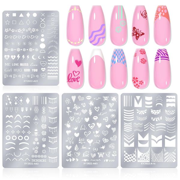 Saviland Nail Stamping Plate Set: 4PCS Nail Stencils French Nail Tip Nail Stamp Plate Wave Stripes Heart Star Natural Patterns Nail Art Printer Stencils for Nail Art Reusable Manicure DIY Designs