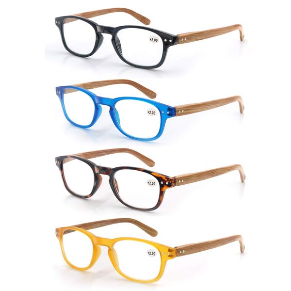 MODFANS 4 Pairs of Reading Glasses 1.5 Fashion Wood-Look Printed for Men Women,Round Frame Comfort Spring Hinges,Readers Eyeglasses Stylish Black-Blue-Tortoiseshell-Yellow