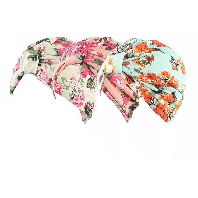 Ever Fairy Womens Floral Print Cotton Turban Chemo Sleep Cap,Turban Hat Cap Hair Wrap (3 PCS B)(Size: One Size)