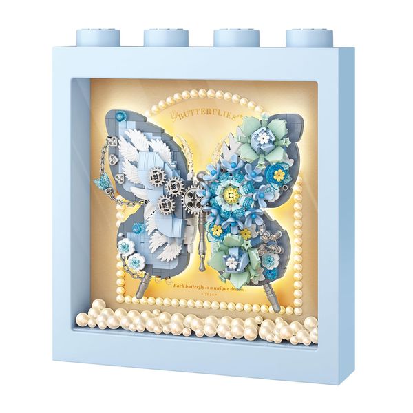 MEIEST Butterfly Picture Frame Building Blocks Set,Creative Flowers Building Set with Exquisite Frame,Fantasy Building Bricks Toys,Home Decor (Blue)