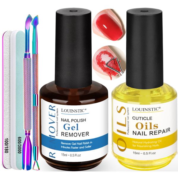 LOUINSTIC Gel Polish Remover, Gel Remover Kit Includes Cuticle Oil and Nail Polish Remover Tool No Soaking or Wrapping Removes Gel Polish in 2-5 Minutes